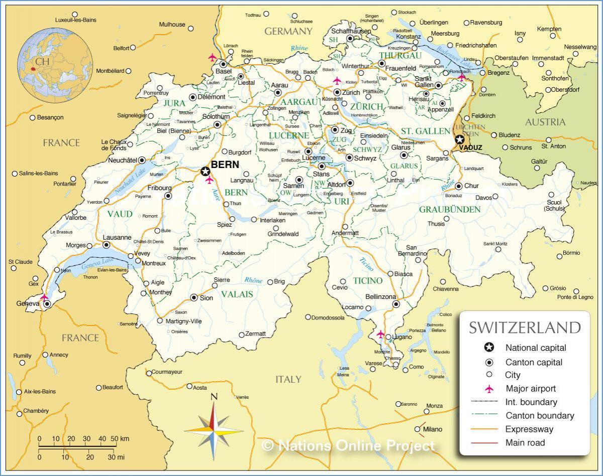 Mapa de los aeropuertos de Suiza