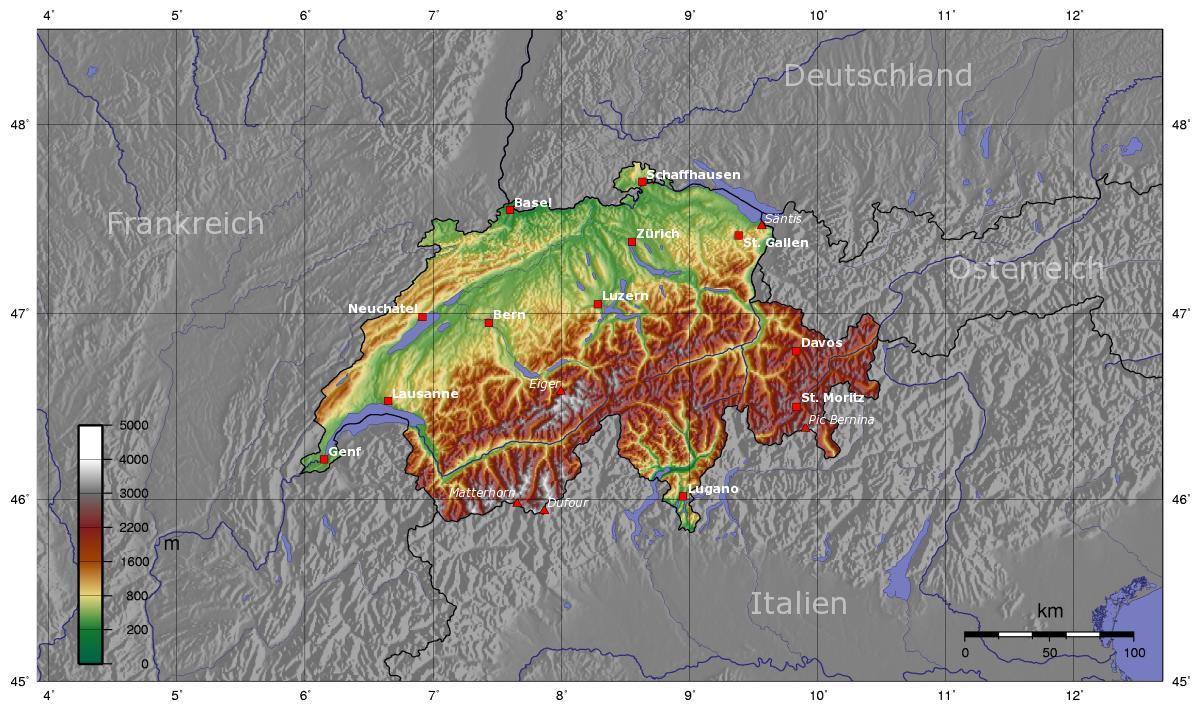 Mapa de altitud de Suiza