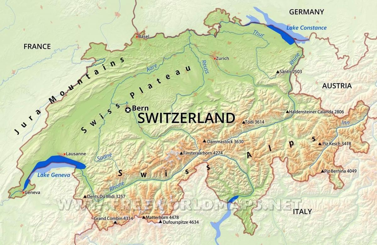 Mapa de las montañas en Suiza