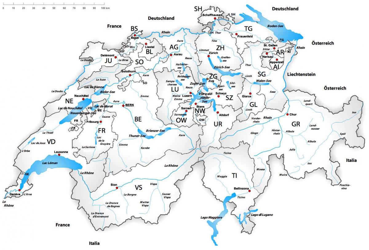 Mapa de los ríos en Suiza