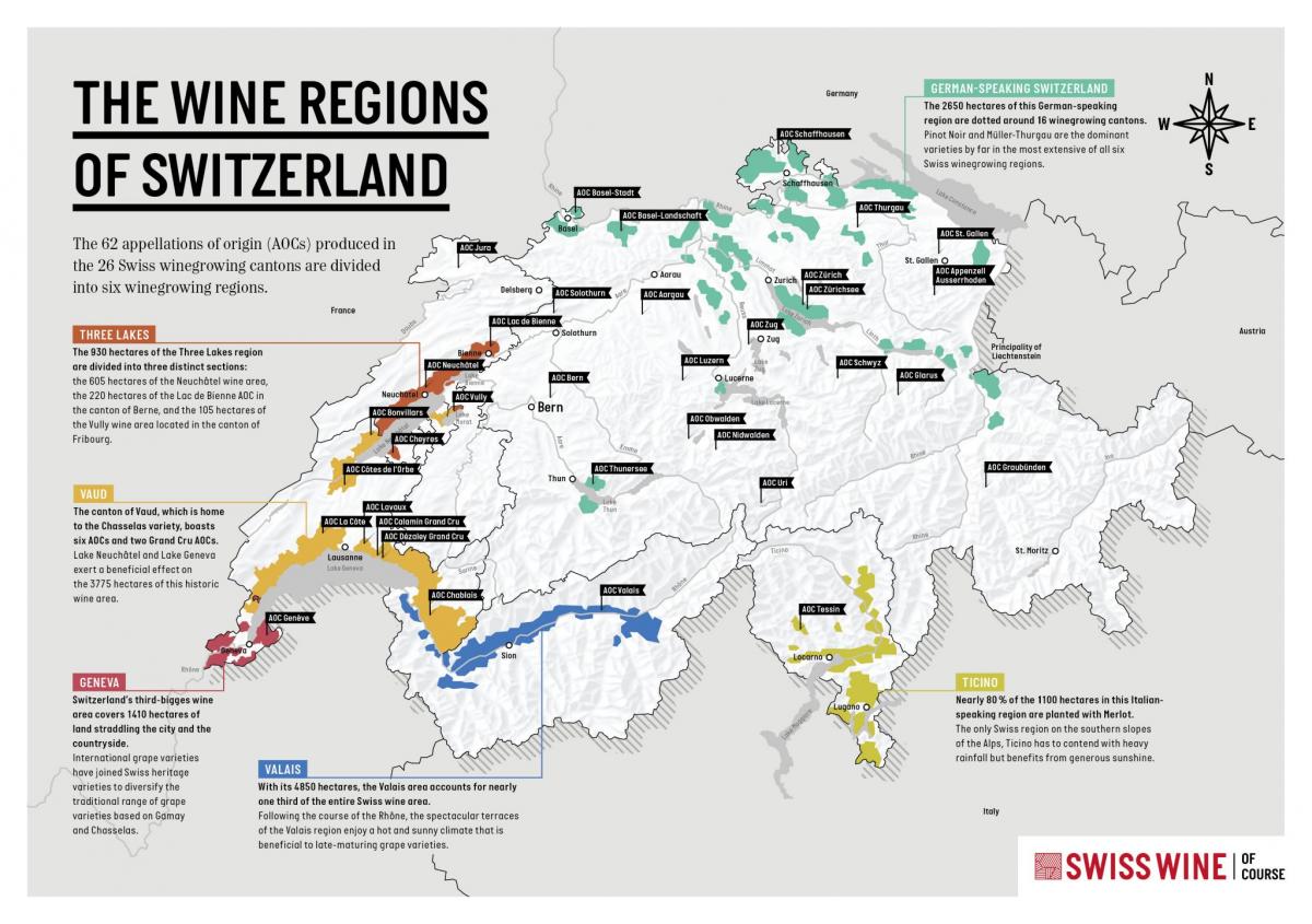Mapa de los viñedos de Suiza